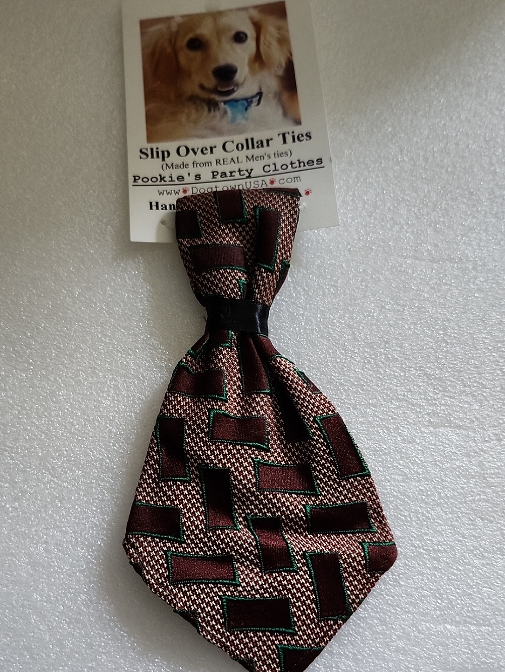 Hand Crafted Brown and Green Geometric Slip-On Dog Collar Tie